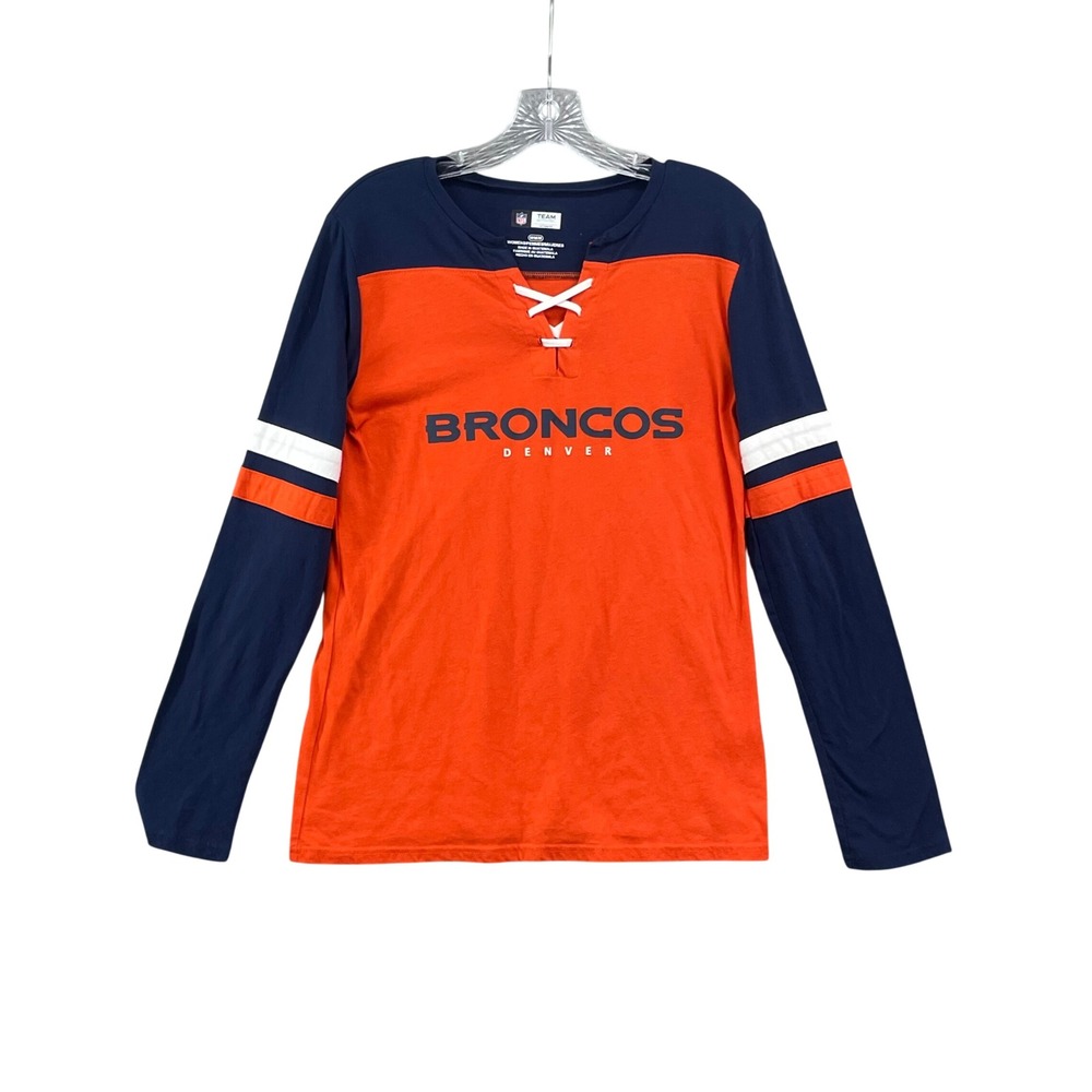 NFL Denver Broncos Shirt Womens Medium Orange Blue Lace Up V-Neck Long Sleeve